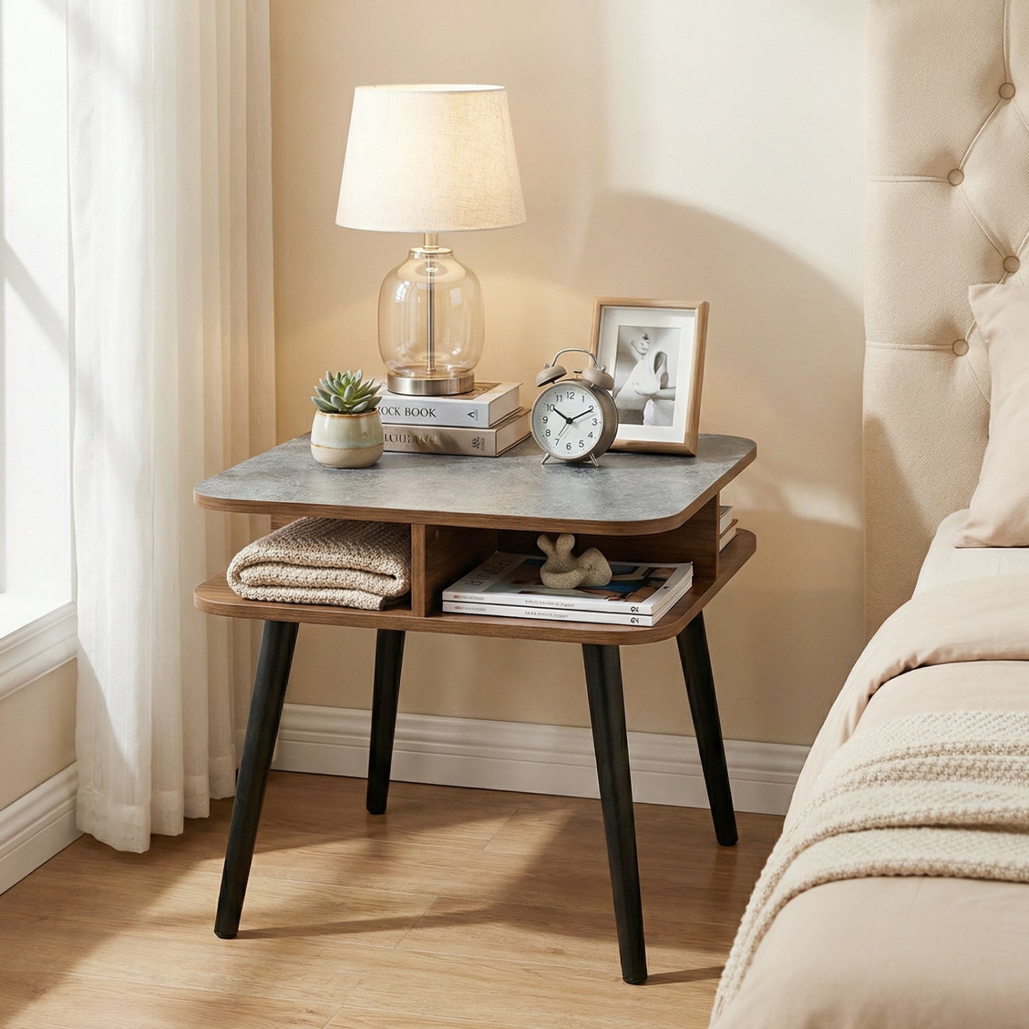 Side Table Faux Marble End Table with Storage Shelves and Rubber Wood Legs by DirectDeals
