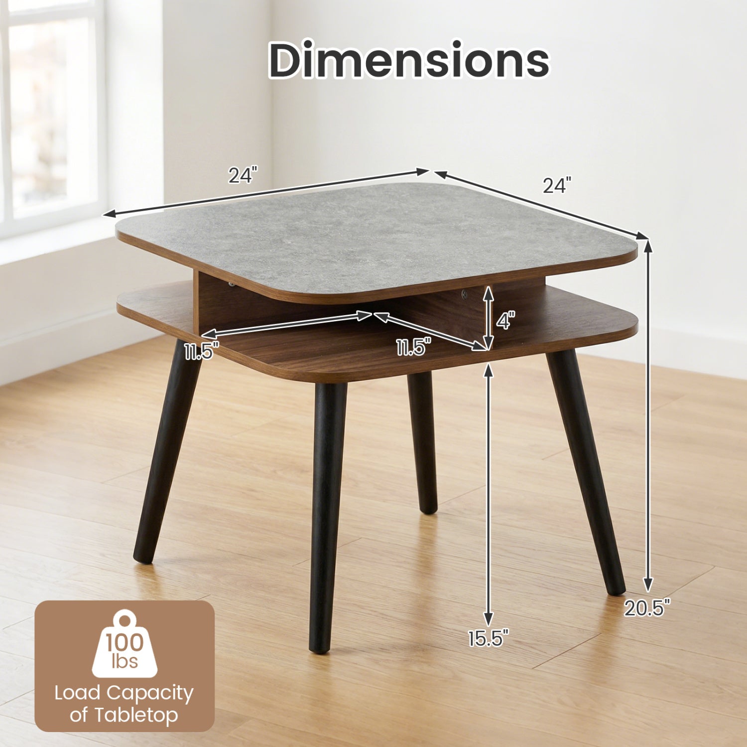 Side Table Faux Marble End Table with Storage Shelves and Rubber Wood Legs by DirectDeals