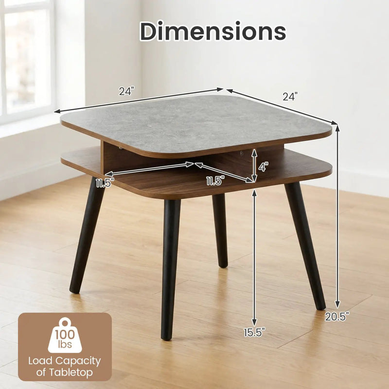 Side Table Faux Marble End Table with Storage Shelves and Rubber Wood Legs by DirectDeals