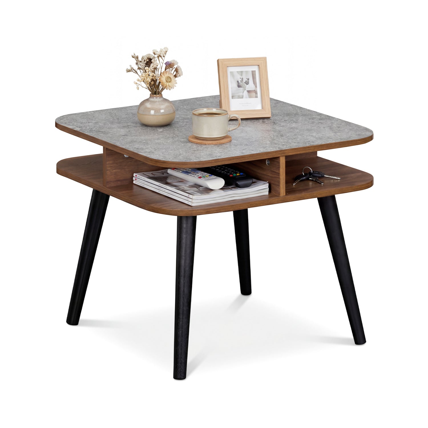 Side Table Faux Marble End Table with Storage Shelves and Rubber Wood Legs by DirectDeals