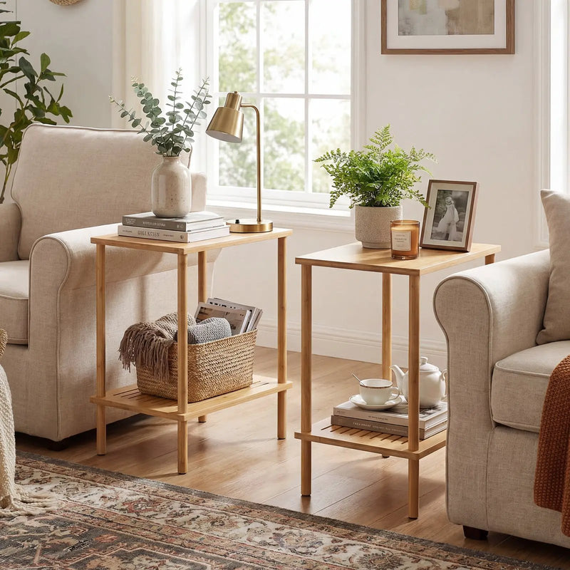 Side Table Set of 2 2-Tier Bamboo End Table with Storage Shelves Rectangular Tea Sofa Table-Natural by DirectDeals