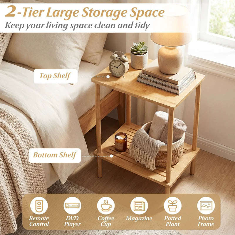 Side Table Set of 2 2-Tier Bamboo End Table with Storage Shelves Rectangular Tea Sofa Table-Natural by DirectDeals