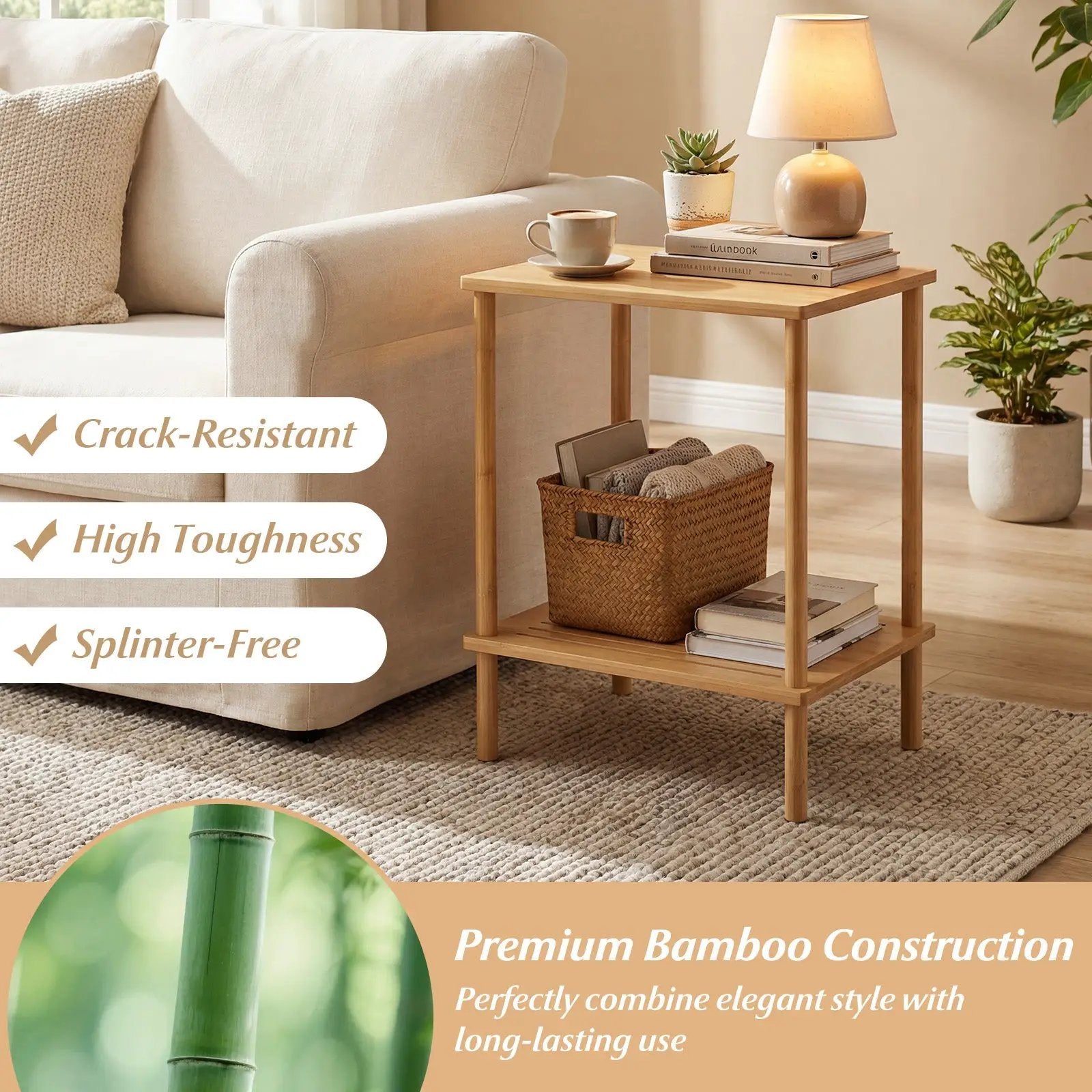 Side Table Set of 2 2-Tier Bamboo End Table with Storage Shelves Rectangular Tea Sofa Table-Natural by DirectDeals