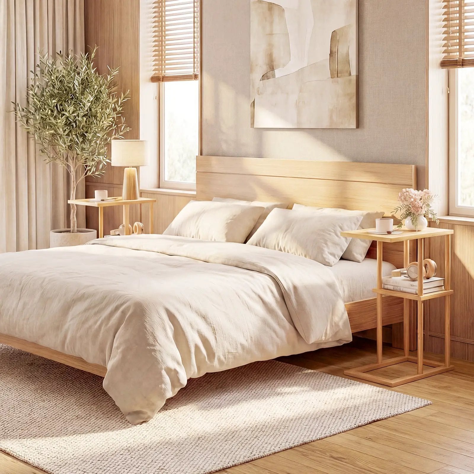 Side Table Set of 2 with Storage Shelves and Bamboo Construction-Natural by DirectDeals