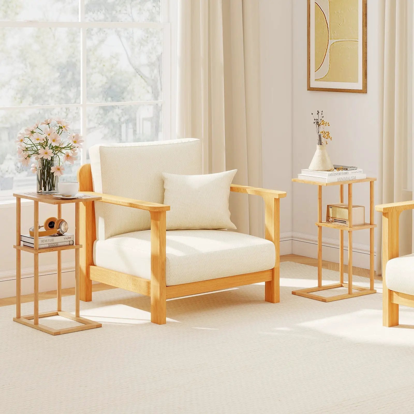 Side Table Set of 2 with Storage Shelves and Bamboo Construction-Natural by DirectDeals