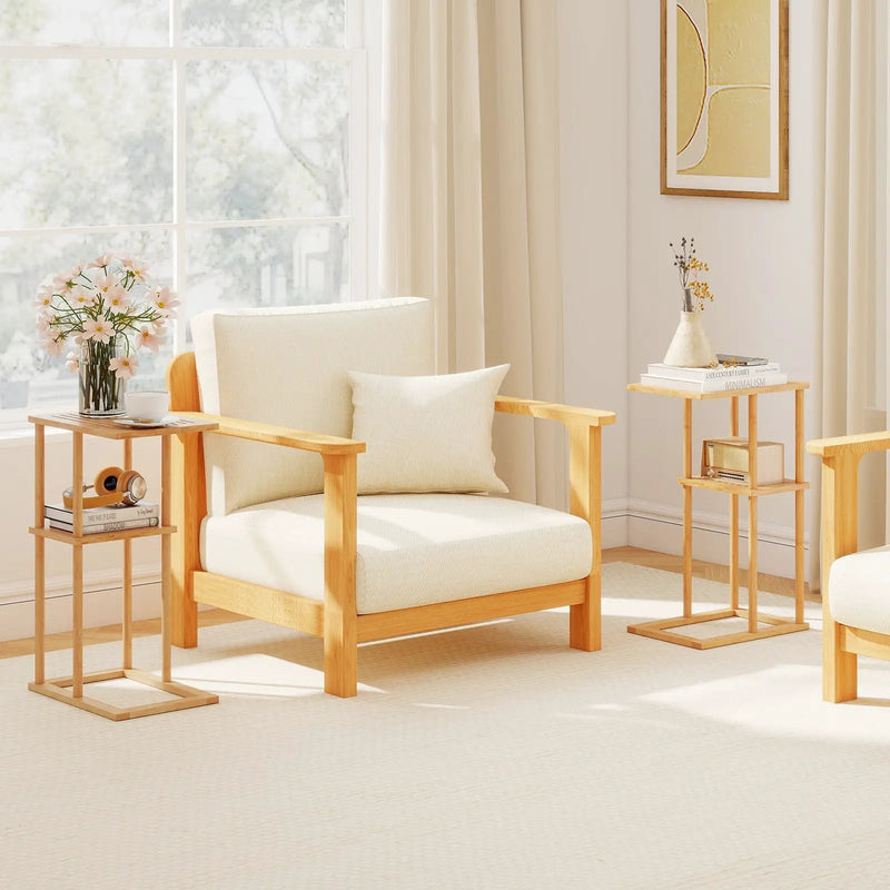 Side Table Set of 2 with Storage Shelves and Bamboo Construction-Natural by DirectDeals