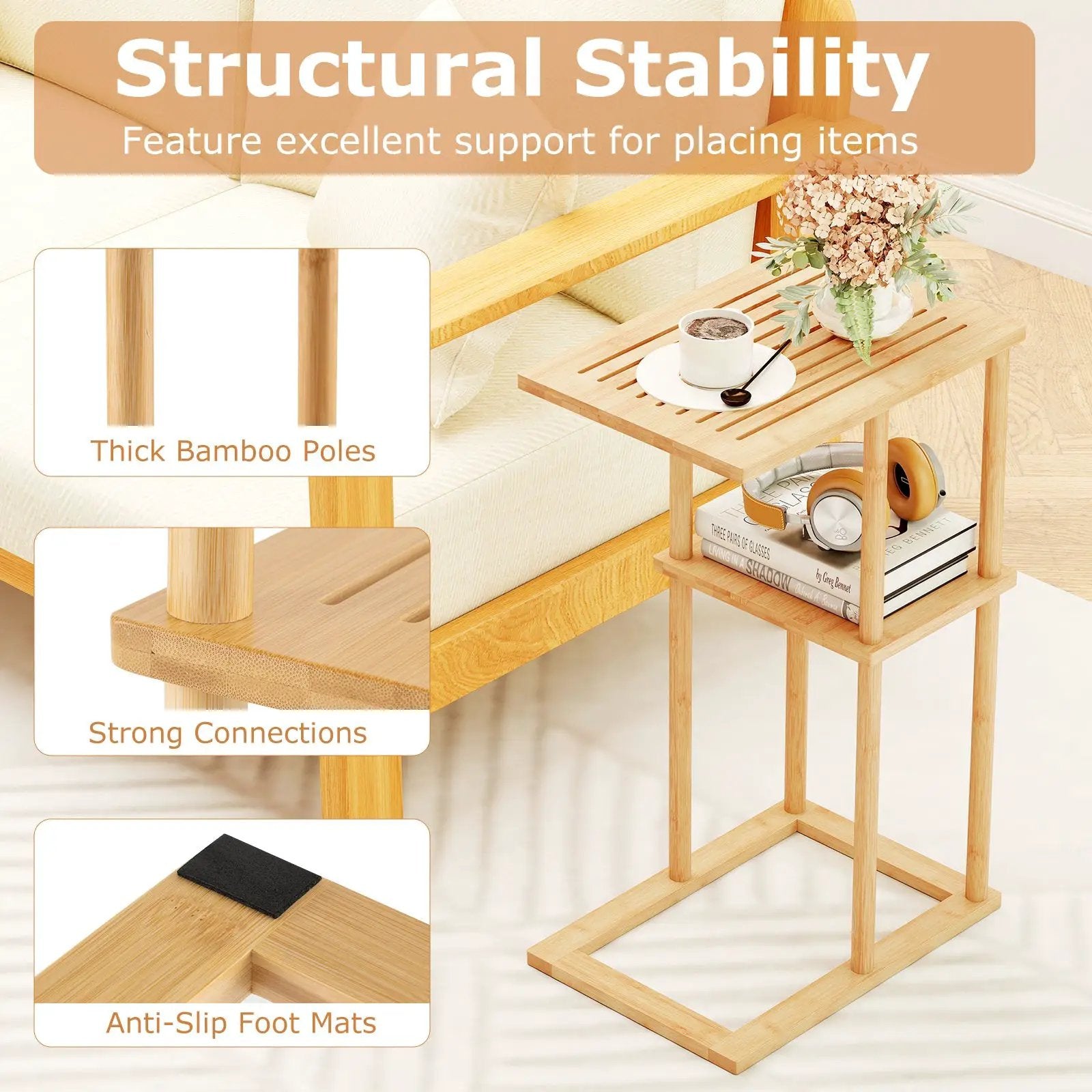 Side Table Set of 2 with Storage Shelves and Bamboo Construction-Natural by DirectDeals