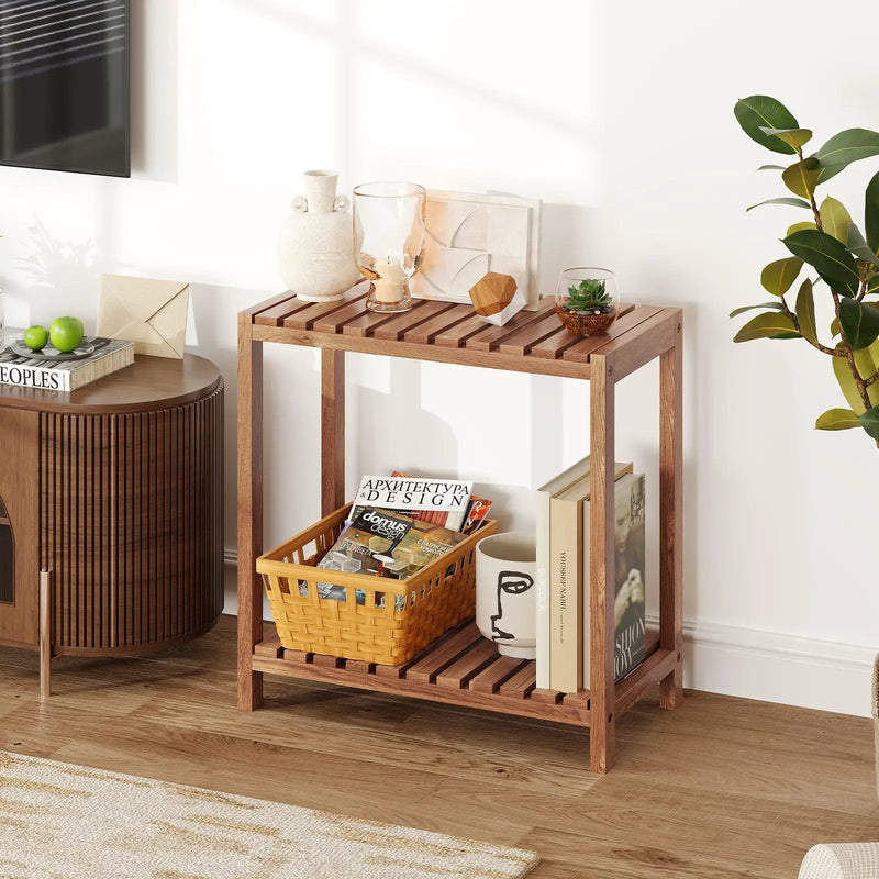 2/3-Tier Side Table Teak Wood Stand Utility Storage Shelf-3 by DirectDeals