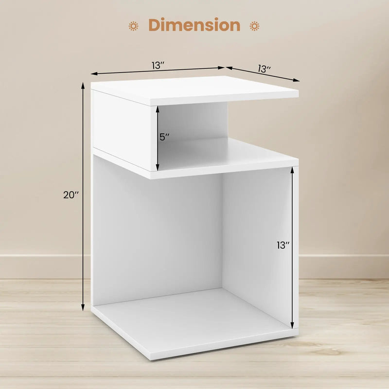 S-Shaped Side Table with Unique S-shaped Frame and 2 Open Compartments-White by DirectDeals