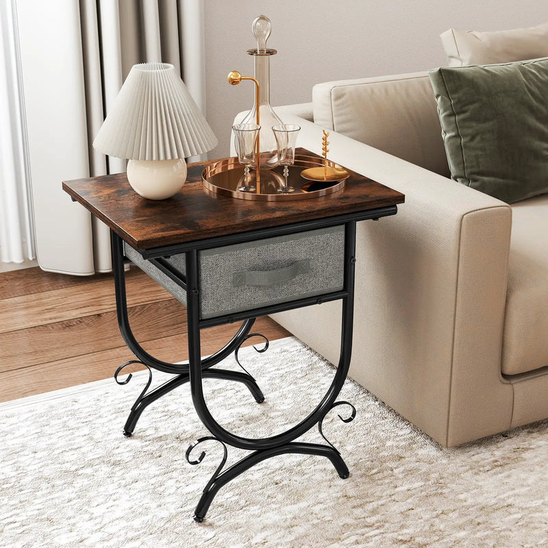 Side Table with Fabric Drawer and Carved Metal Frame for Living Room by DirectDeals