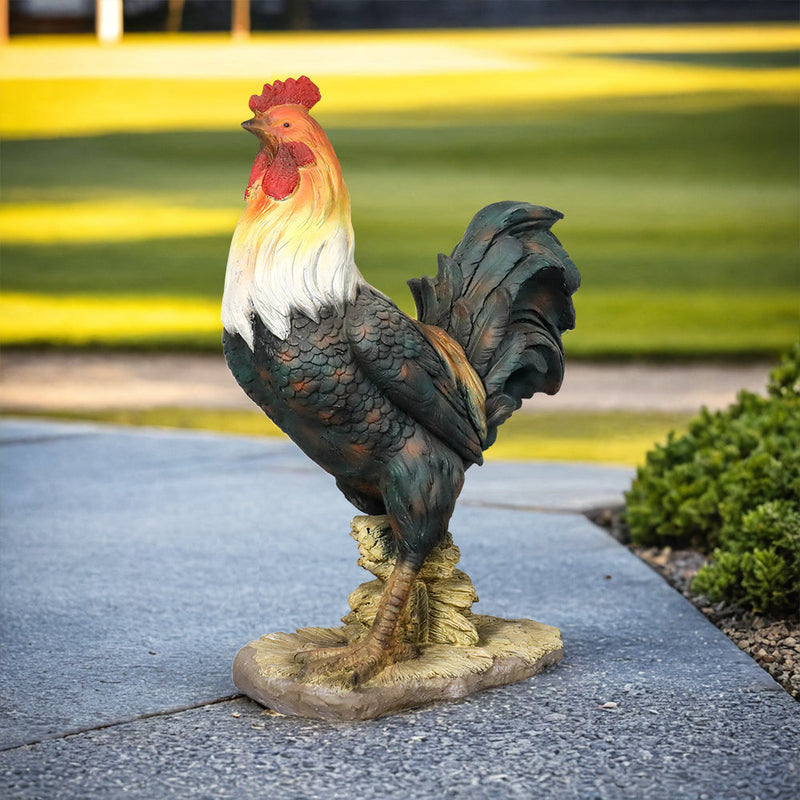 Concrete Rooster Statue Hand Painted Farmhouse 22 In, side view