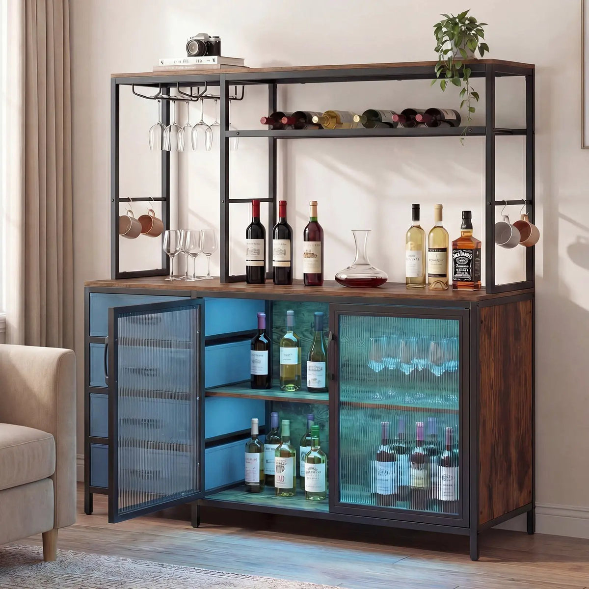 Sideboard Buffet Cabinet with LED Lights 55 inch Coffee Table with Power Outlets, photo 3 of 16