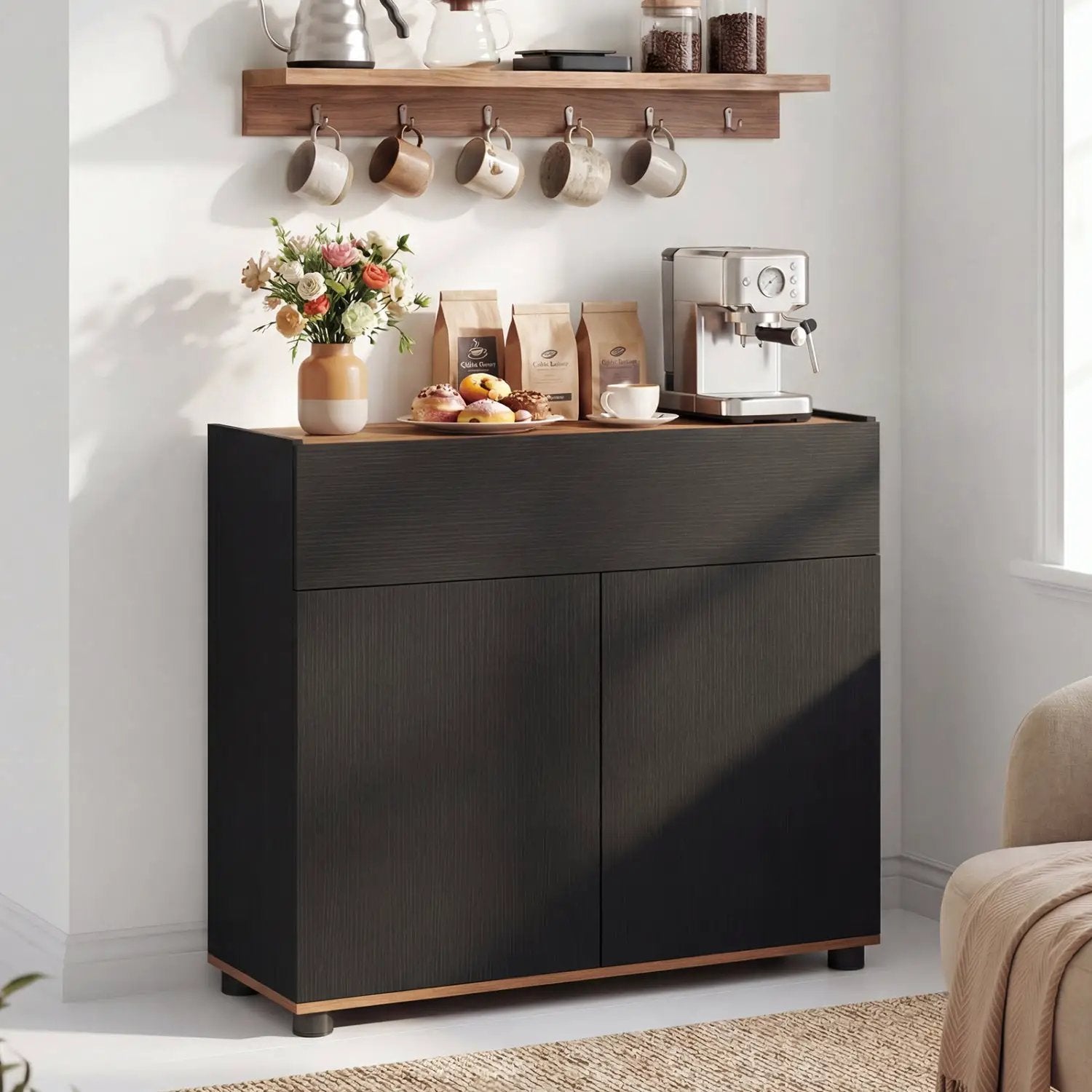 Sideboard Buffet Cabinet with Storage Wooden Kitchen Storage Cabinet-Black by DirectDeals