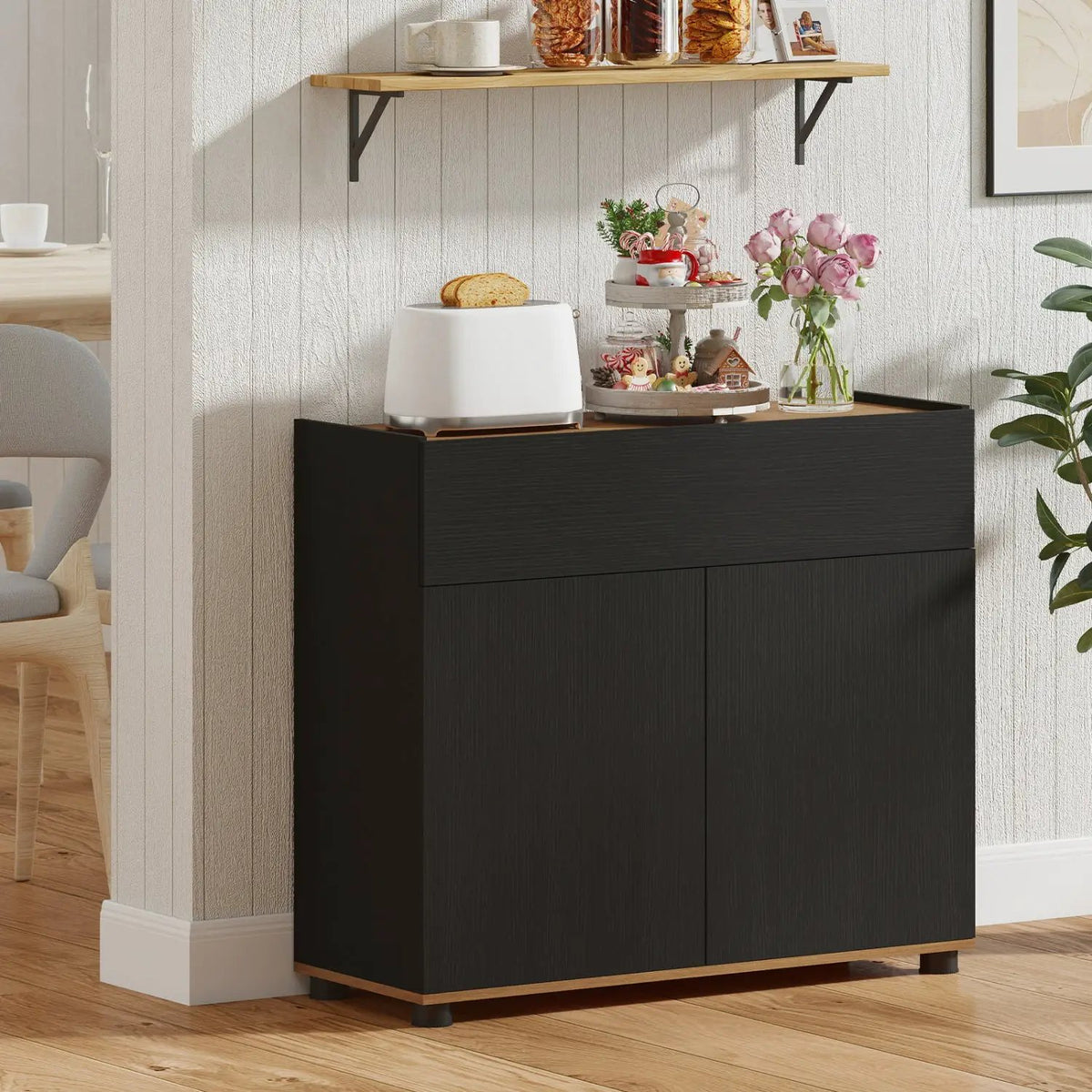 Sideboard Buffet Cabinet with Storage Wooden Kitchen Storage Cabinet-Black, photo 6 of 9