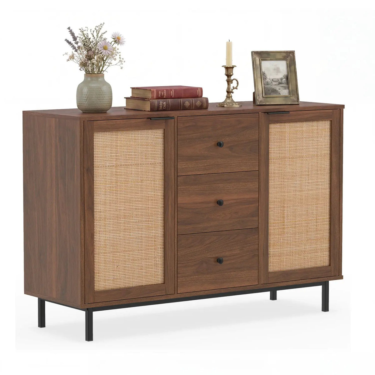 Sideboard Buffet Cabinet with Rattan Doors and 3 Drawers, photo 3 of 16