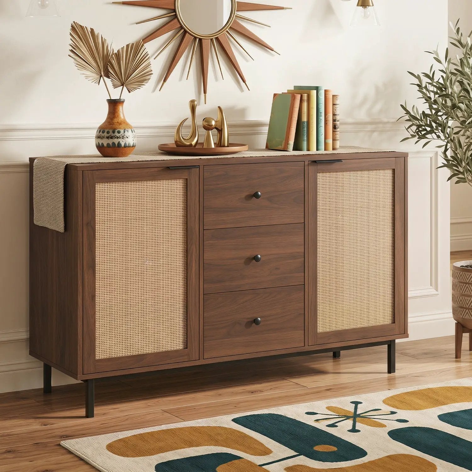 Sideboard Buffet Cabinet with Rattan Doors and 3 Drawers by DirectDeals