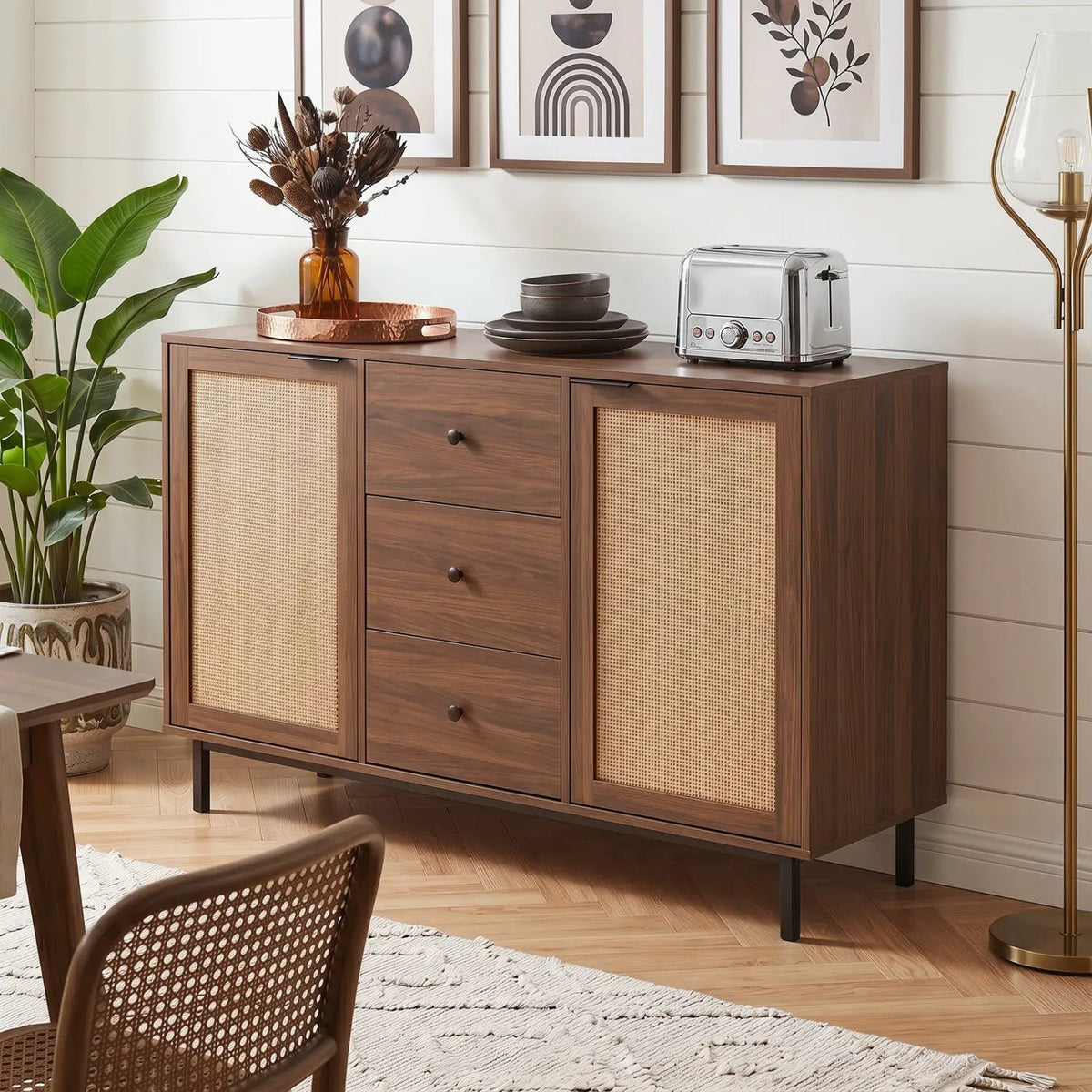 Sideboard Buffet Cabinet with Rattan Doors and 3 Drawers, photo 2 of 16