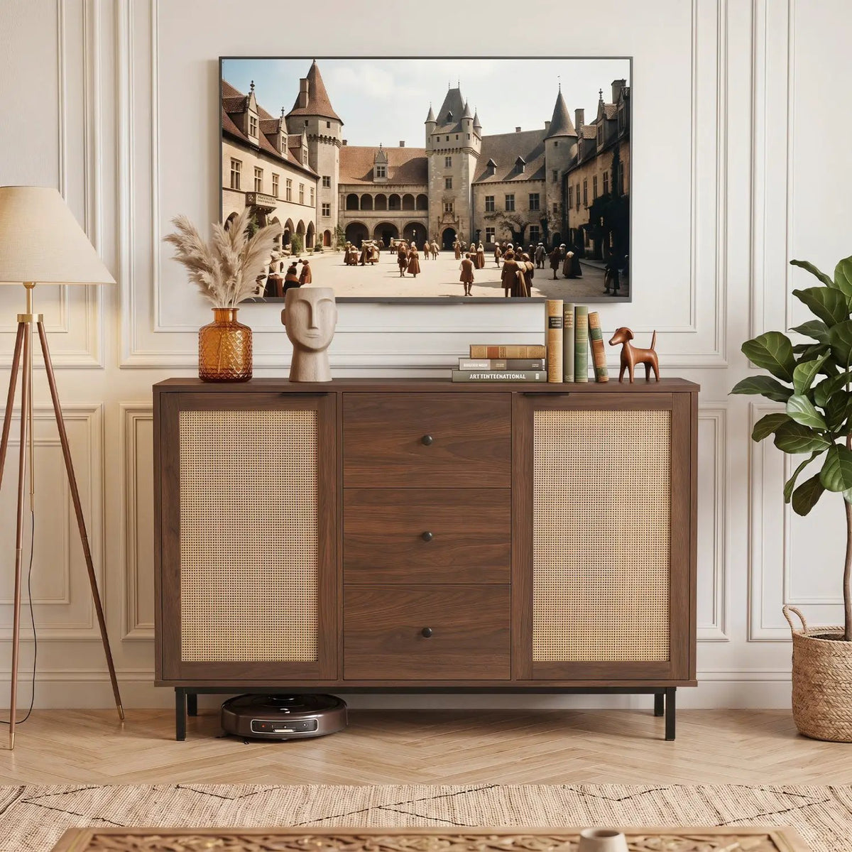 Sideboard Buffet Cabinet with Rattan Doors and 3 Drawers, photo 6 of 16