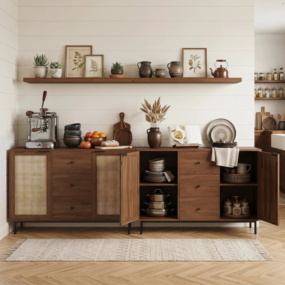 Sideboard Buffet Cabinet with Rattan Doors and 3 Drawers, photo 7 of 16