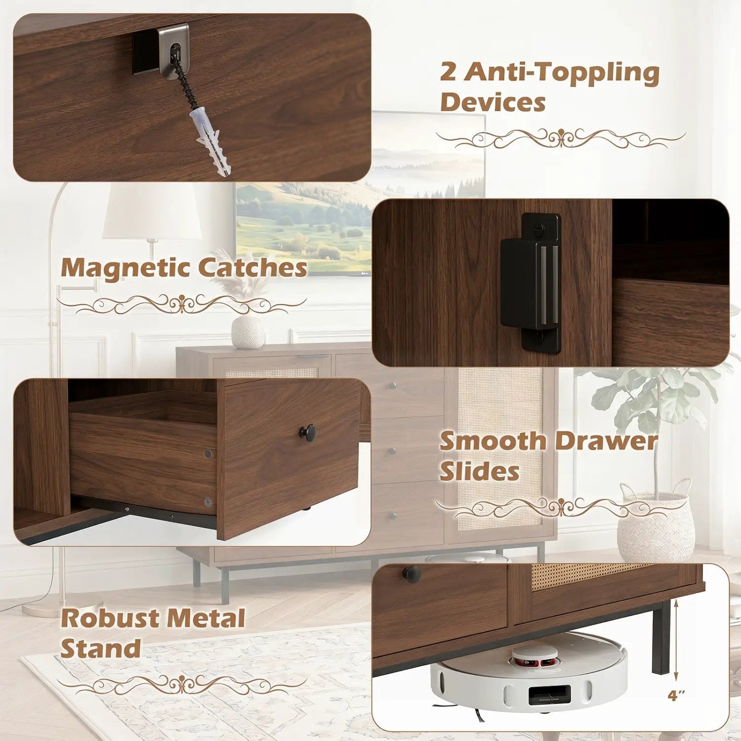 Sideboard Buffet Cabinet with Rattan Doors and 3 Drawers by DirectDeals