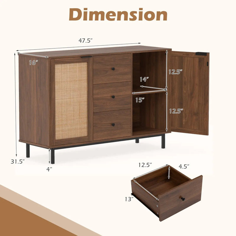 Sideboard Buffet Cabinet with Rattan Doors and 3 Drawers by DirectDeals