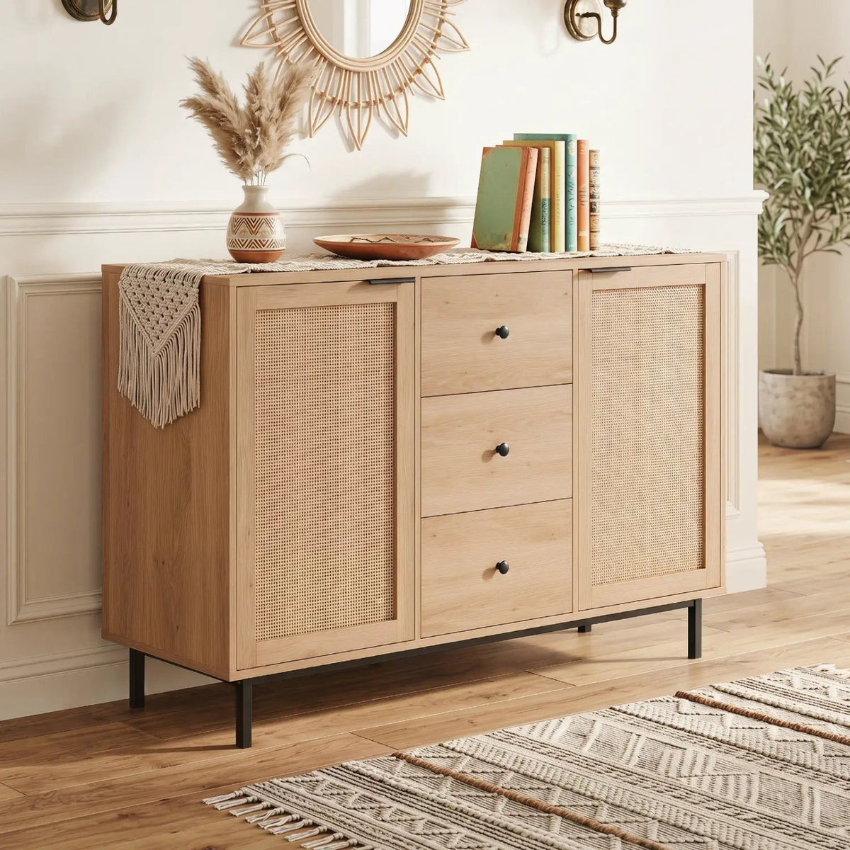 Sideboard Buffet Cabinet with Rattan Doors and 3 Drawers, photo 9 of 16