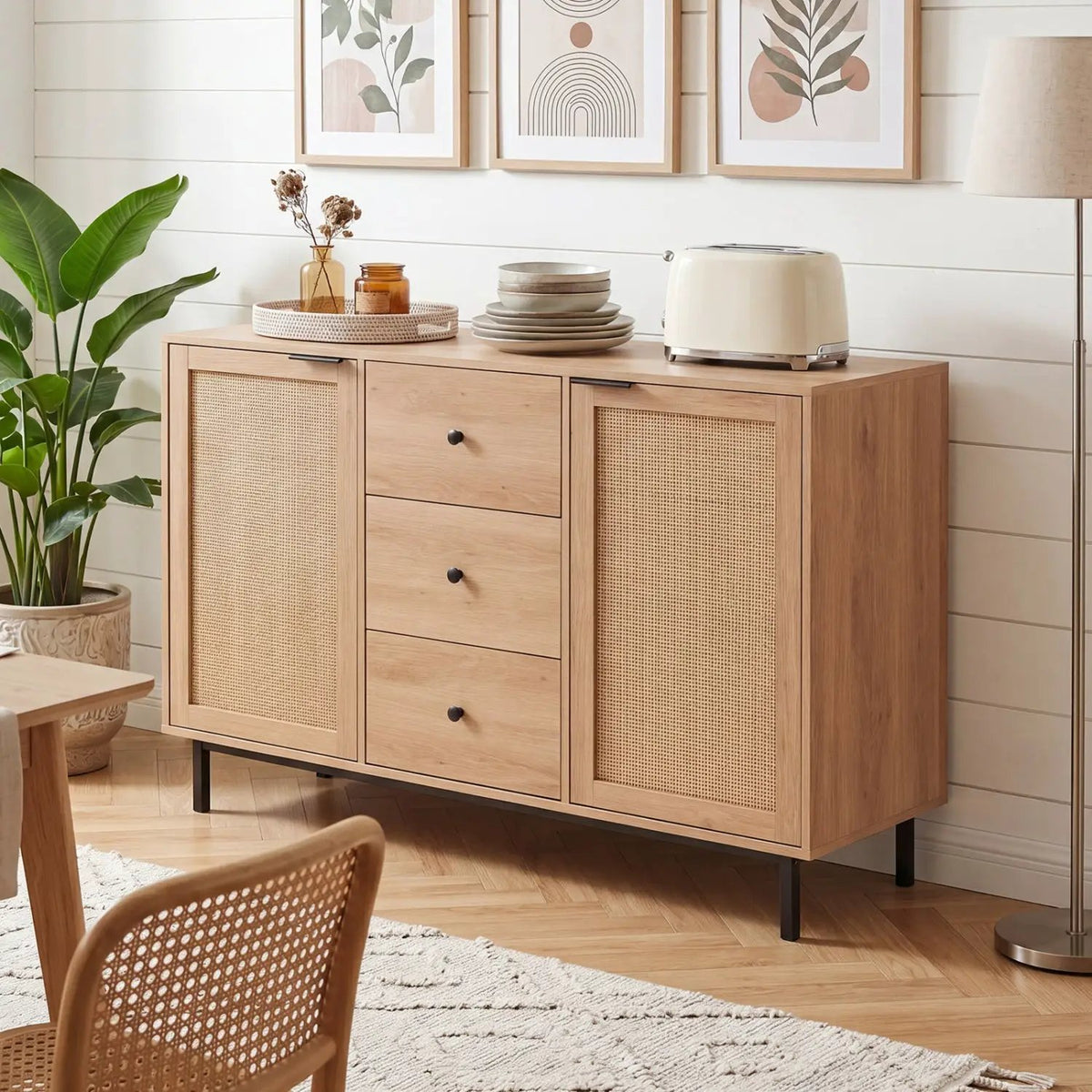 Sideboard Buffet Cabinet with Rattan Doors and 3 Drawers, photo 10 of 16