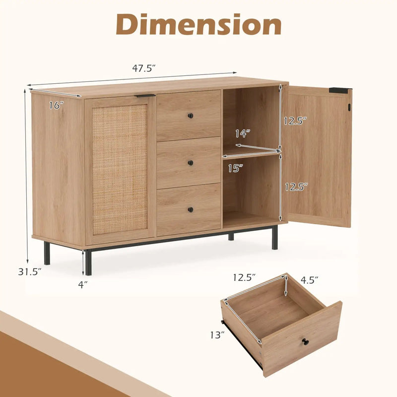 Sideboard Buffet Cabinet with Rattan Doors and 3 Drawers by DirectDeals