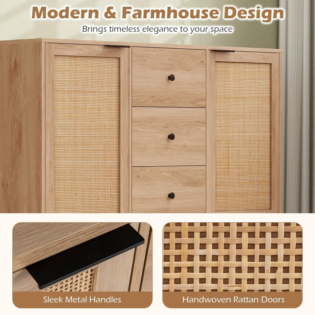Sideboard Buffet Cabinet with Rattan Doors and 3 Drawers, photo 16 of 16