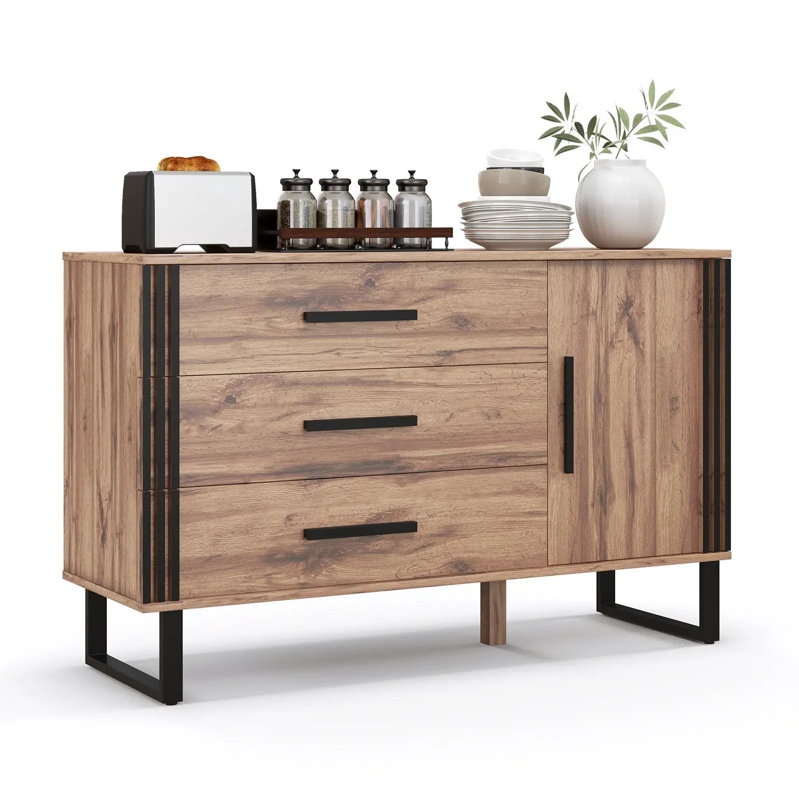 Sideboard Buffet Cabinet Credenza Storage Cabinet with 3 Drawers-Rustic Brown by DirectDeals