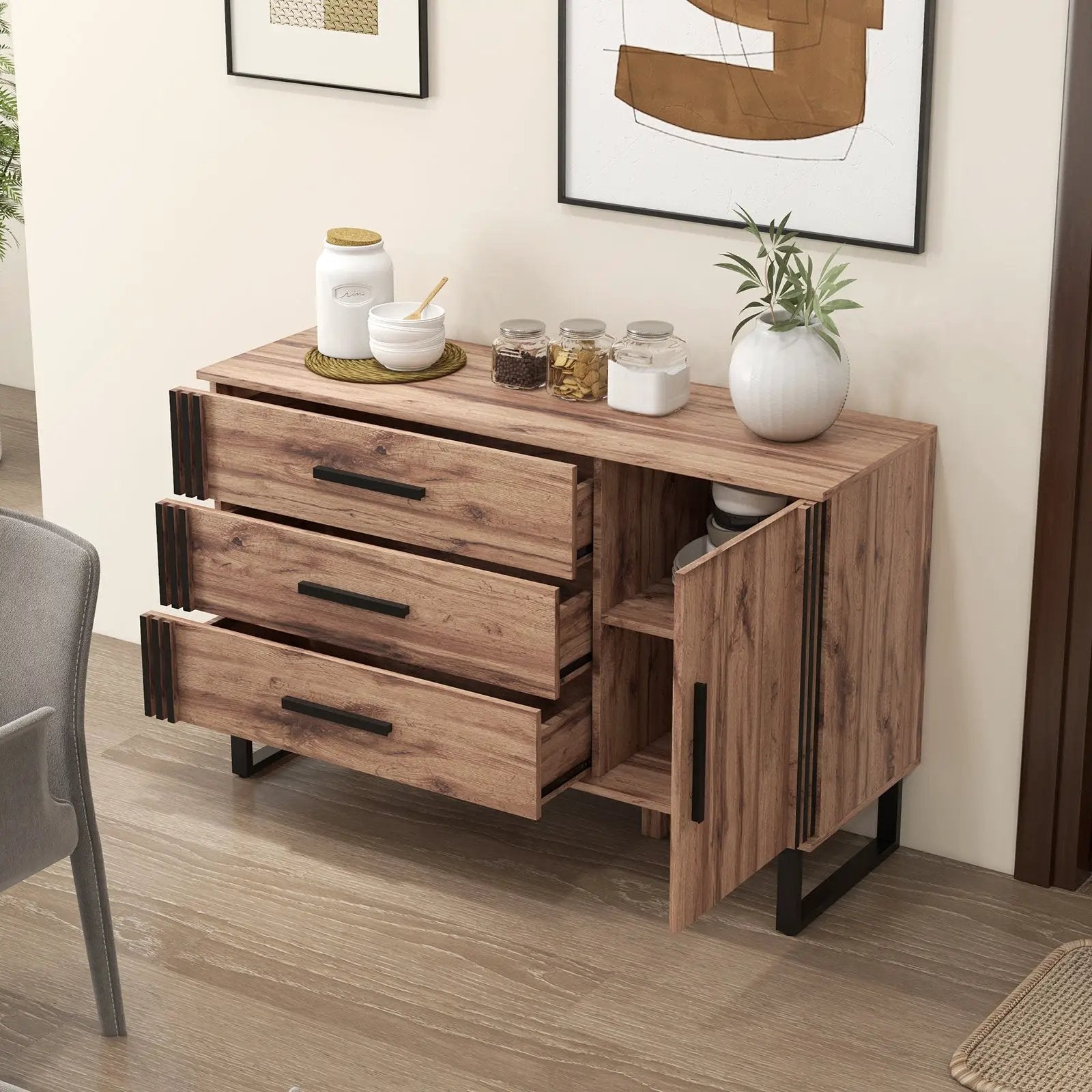 Sideboard Buffet Cabinet Credenza Storage Cabinet with 3 Drawers-Rustic Brown by DirectDeals
