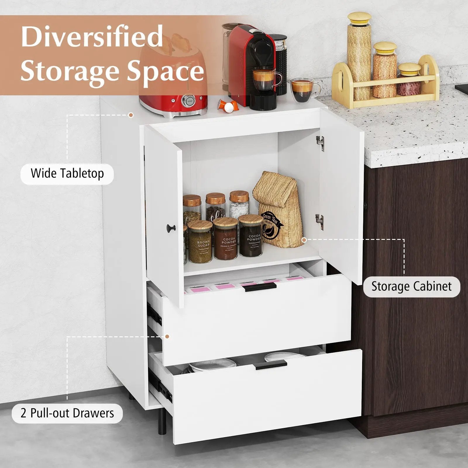 Sideboard Buffet Cabinet 2-Door Serving Cupboard with Drawers-White by DirectDeals