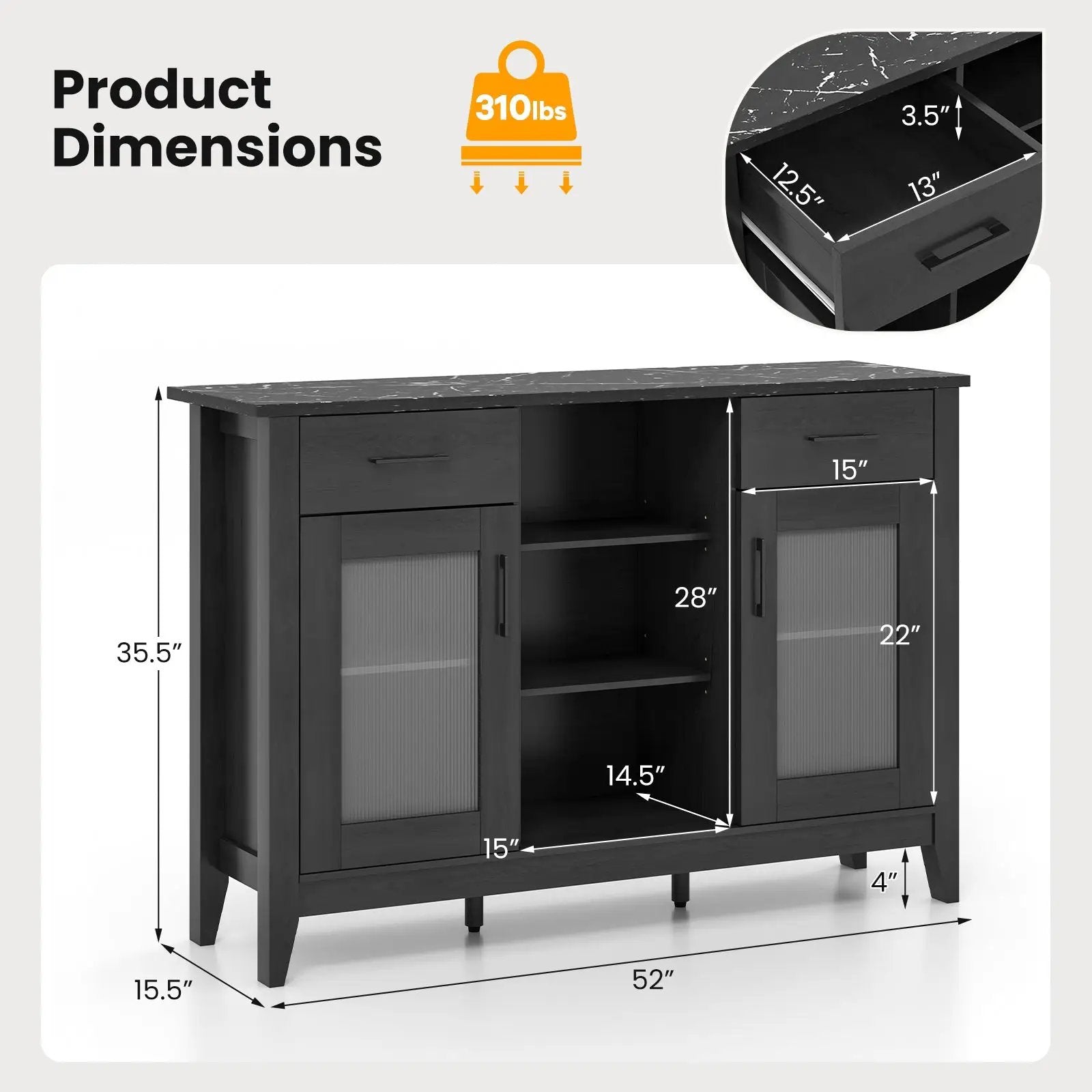 Sideboard Buffet Cabinet with 2 Drawers and 4 Adjustable Shelves by DirectDeals