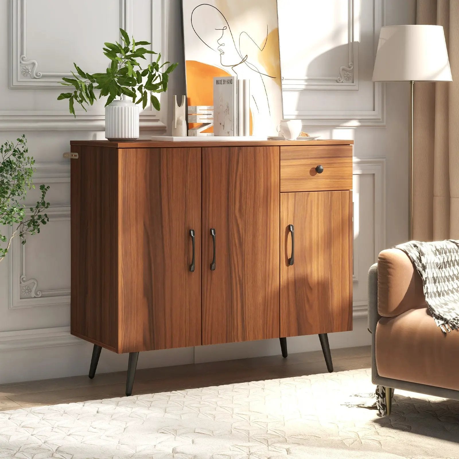 Sideboard Cabinet with 3 Doors and Pull out Drawer Adjustable Shelves-Walnut by DirectDeals