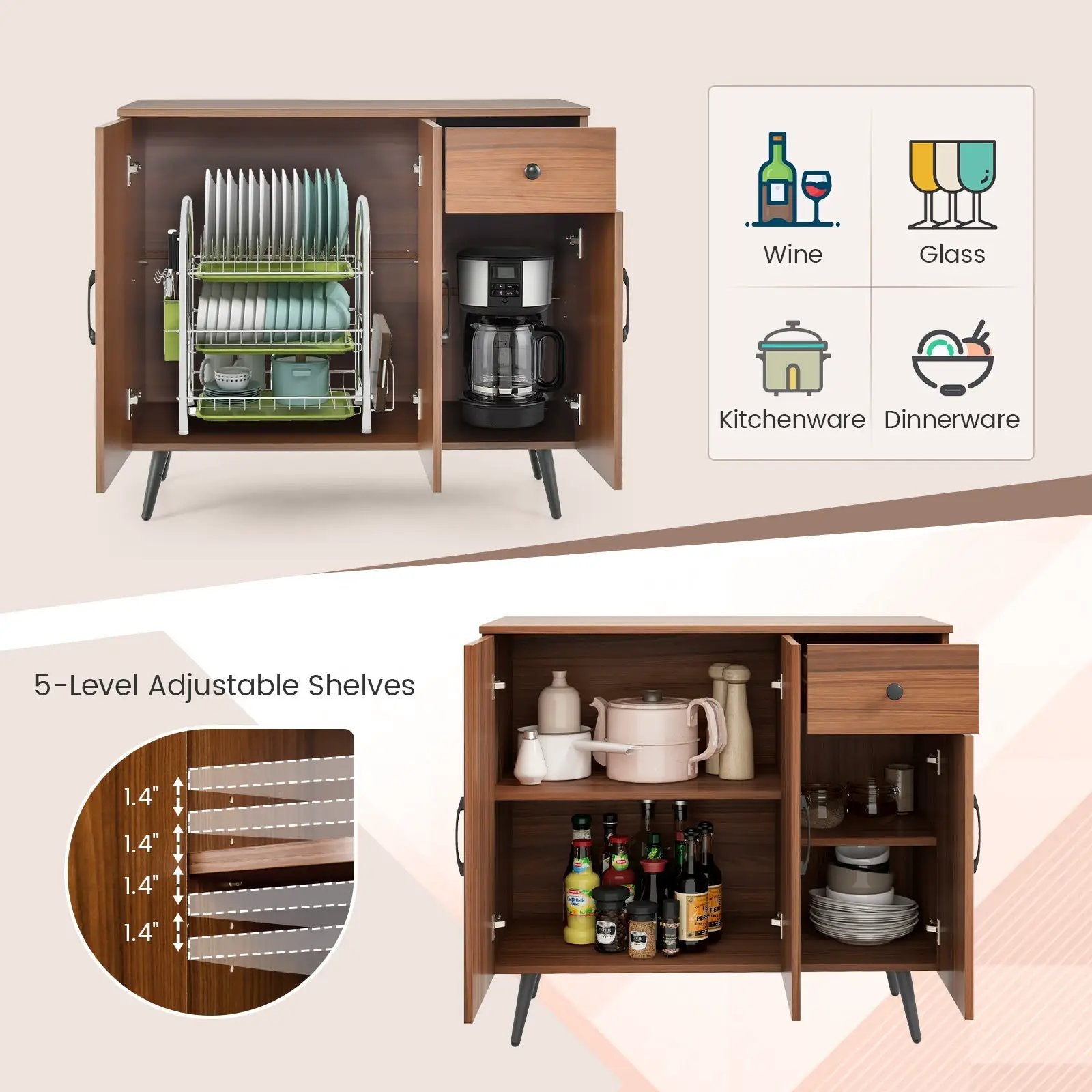 Sideboard Cabinet with 3 Doors and Pull out Drawer Adjustable Shelves-Walnut by DirectDeals