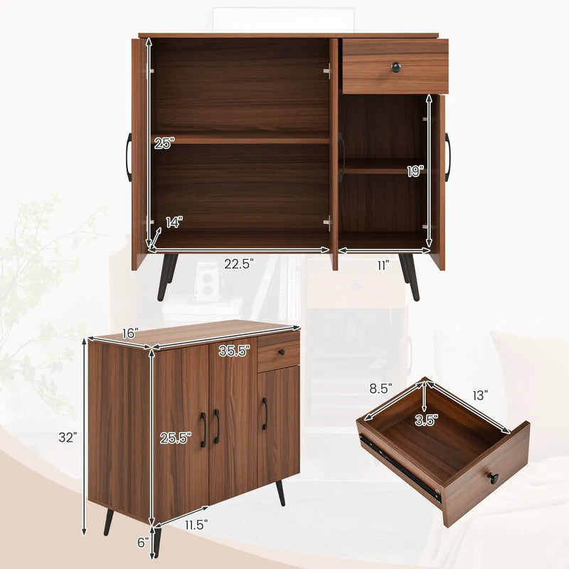 Sideboard Cabinet with 3 Doors and Pull out Drawer Adjustable Shelves-Walnut by DirectDeals