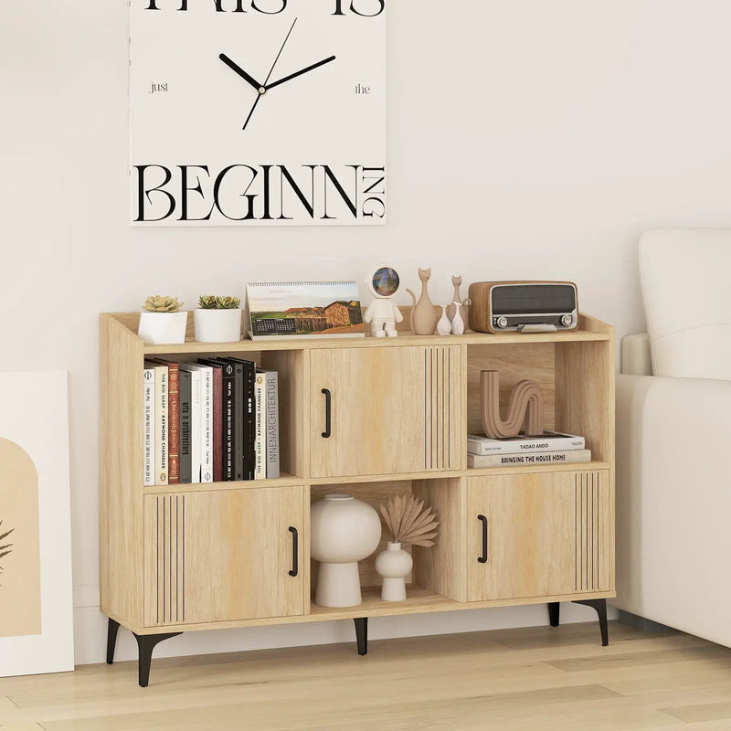 Sideboard Storage Cabinet Bookcase with 3 Doors and Open Compartments-Oak by DirectDeals
