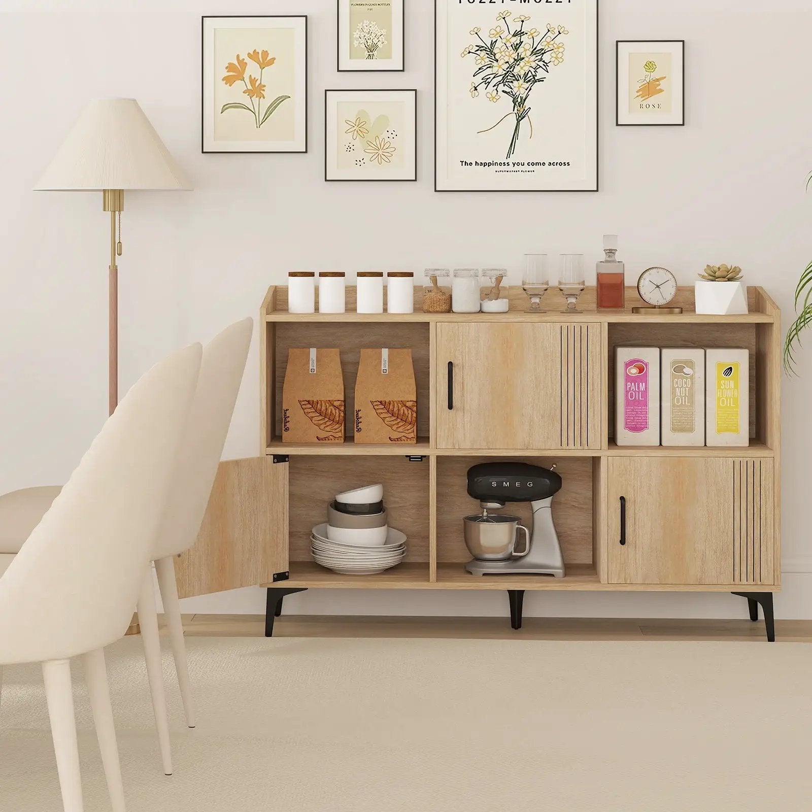 Sideboard Storage Cabinet Bookcase with 3 Doors and Open Compartments-Oak by DirectDeals