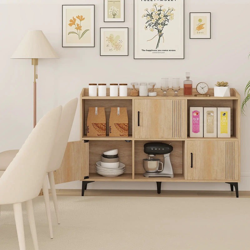 Sideboard Storage Cabinet Bookcase with 3 Doors and Open Compartments-Oak by DirectDeals