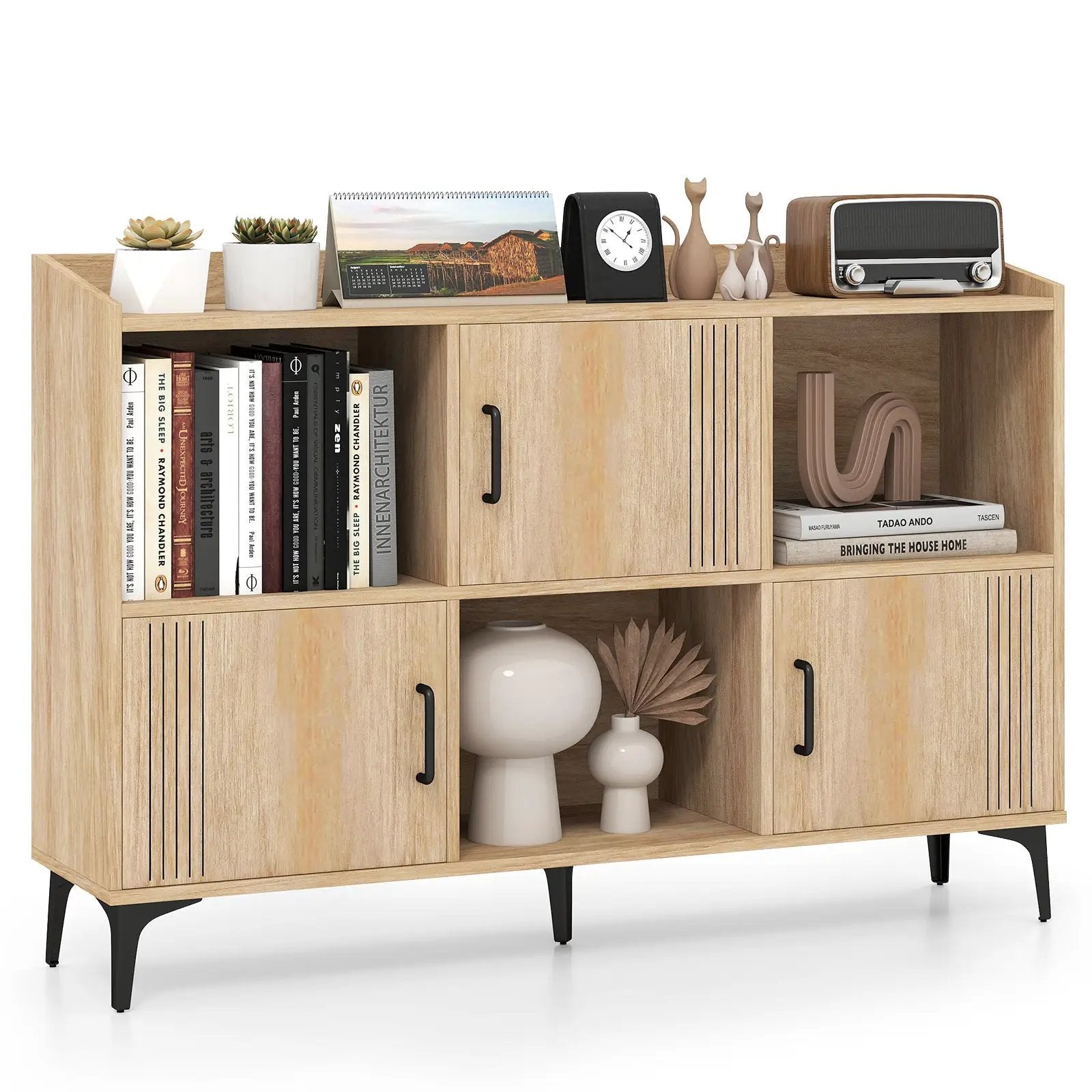 Sideboard Storage Cabinet Bookcase with 3 Doors and Open Compartments-Oak by DirectDeals
