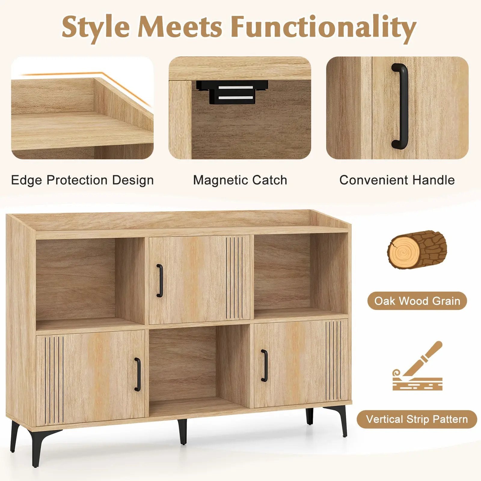 Sideboard Storage Cabinet Bookcase with 3 Doors and Open Compartments-Oak by DirectDeals