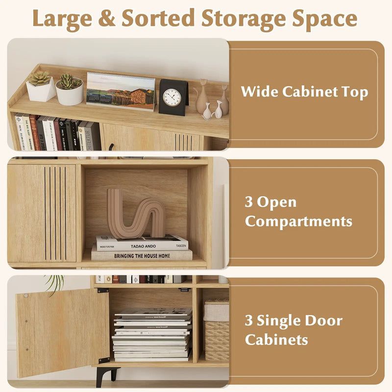 Sideboard Storage Cabinet Bookcase with 3 Doors and Open Compartments-Oak by DirectDeals