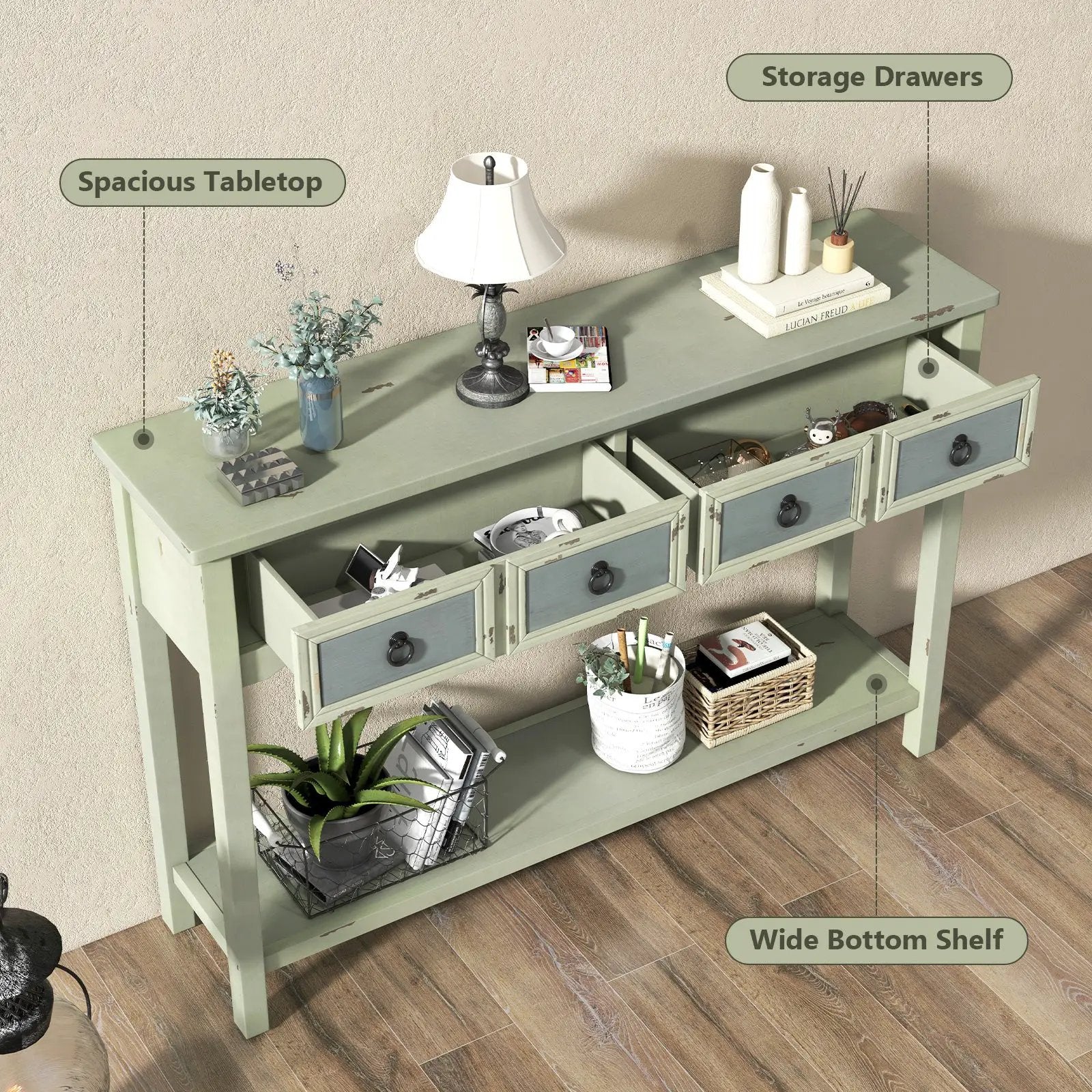 48 Inch Farmhouse Console Table with 2 Drawers and Open Storage Shelf for Hallway by DirectDeals