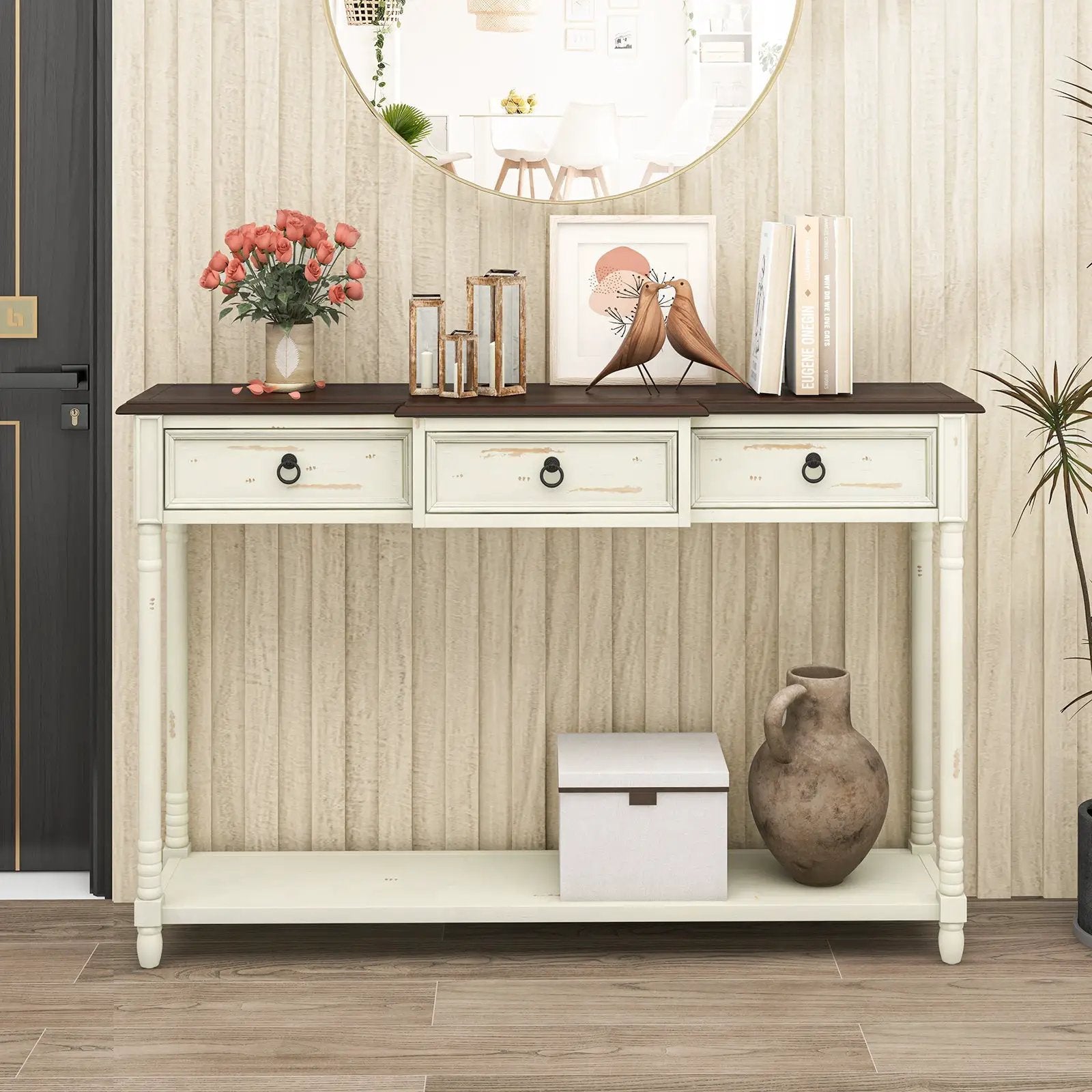 52 Inch Farmhouse Console Table with 3 Drawers and Open Storage Shelf for Hallway by DirectDeals
