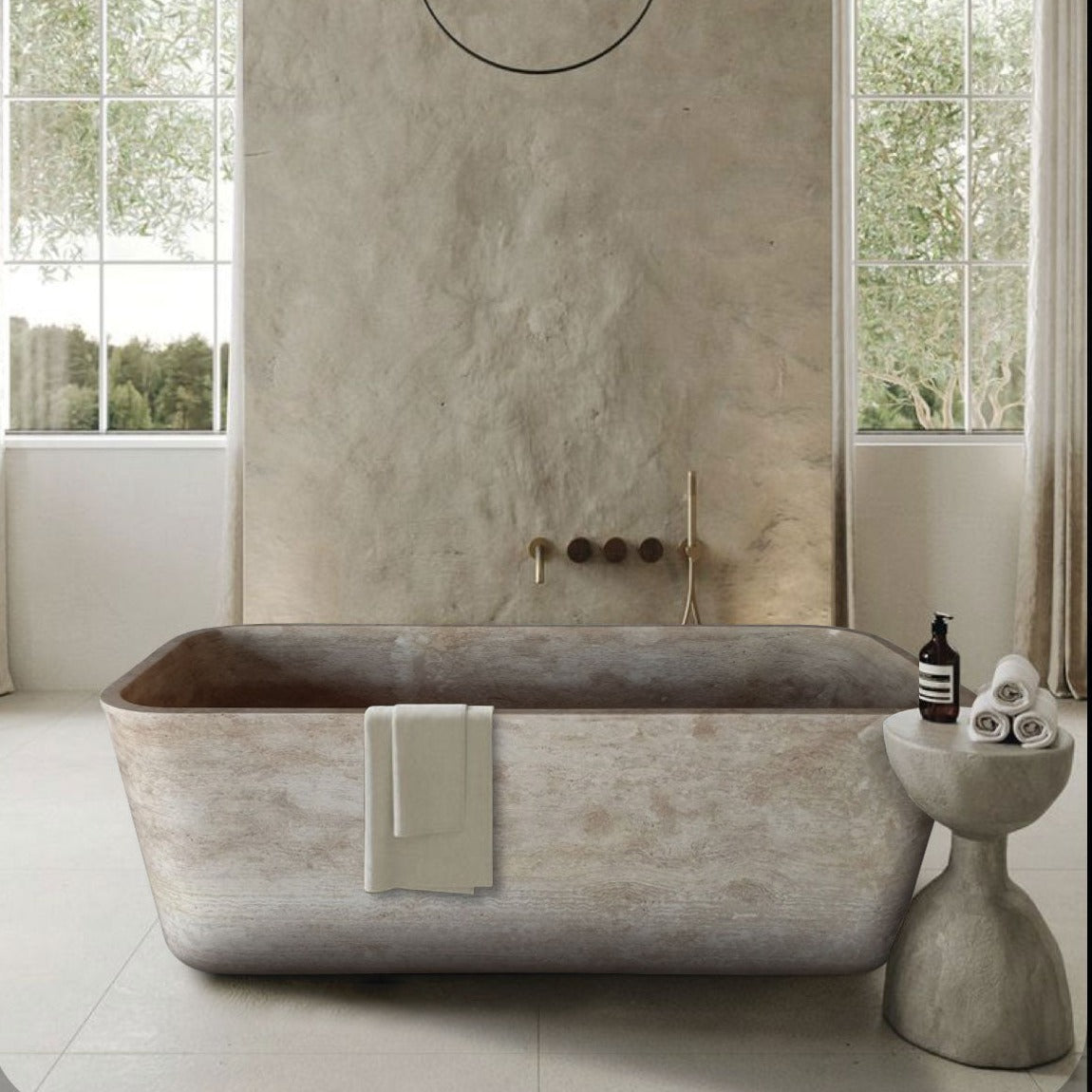 Silver Beige Naturel Stone Rectangular Shape Hand-Carved Unique Travertine Bathtub (W)32" (L)60" (H)22" by GobekDesign