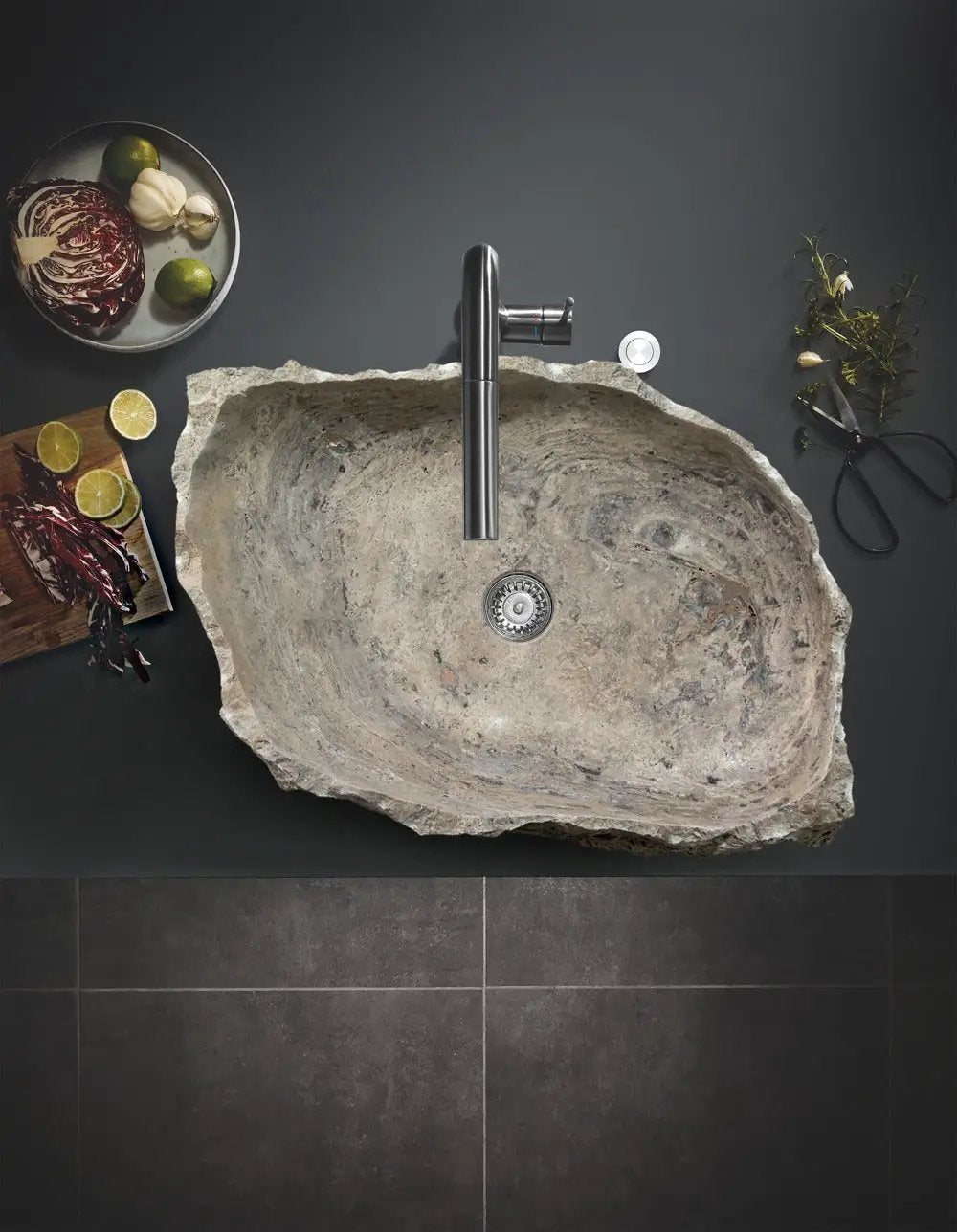 Silver Travertine Rustic Hand Chiseled Vessel Sink - 16x26x5 by GobekDesign
