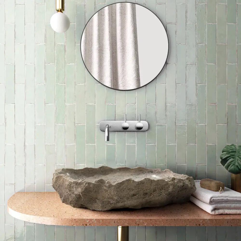 Silver Travertine Rustic Hand Chiseled Vessel Sink - 16x26x5 by GobekDesign