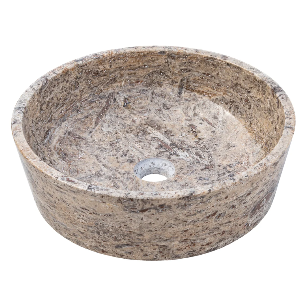 Silver Latte Travertine Handcrafted Natural Stone Round Vessel Sink - 16x5 Polished by GobekDesign