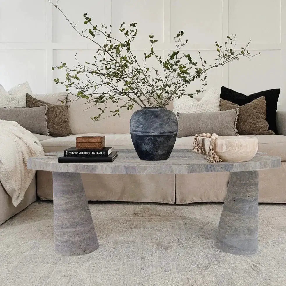 Silver Travertine Vein-Cut Coffee Table with Conic Legs Honed by GobekDesign