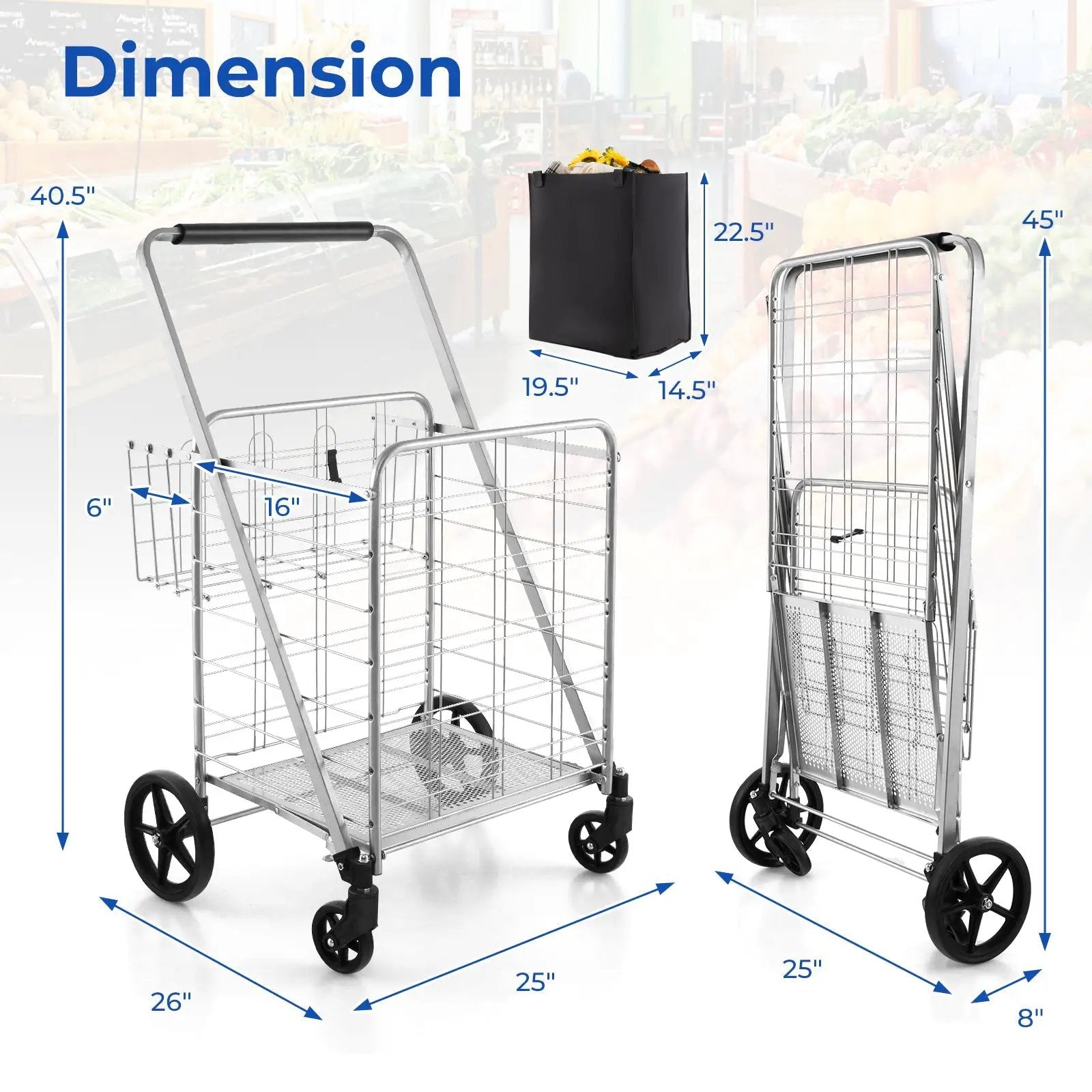 Folding Shopping Cart with Waterproof Liner Wheels and Basket by DirectDeals